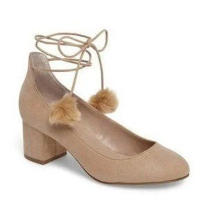 NWOB Charles David Libby Tan Microsuede Pom Pom Laceup Round Toe Pumps Heels 7.5